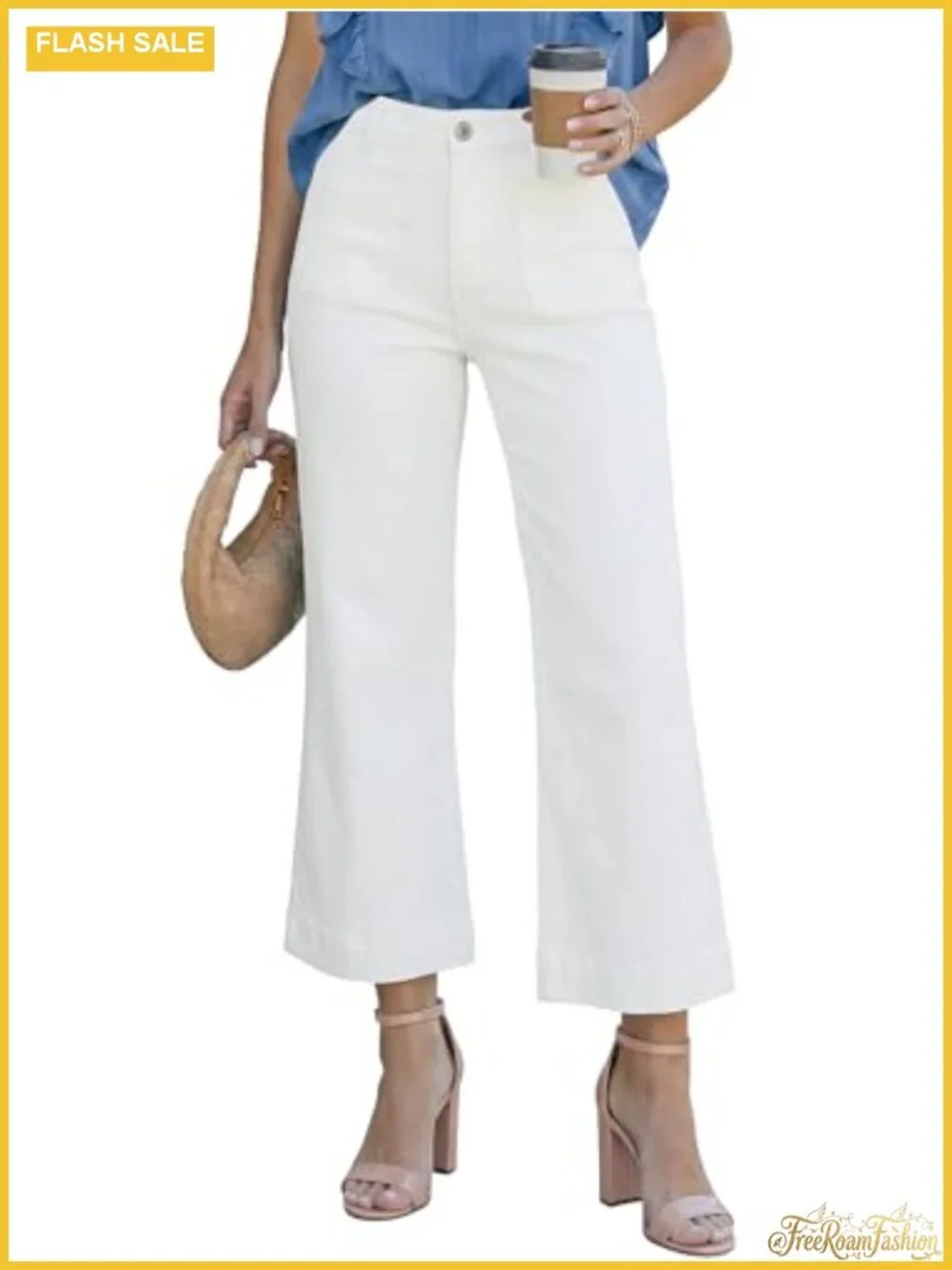 High Waisted Wide Leg Flare Jeans Cropped Denim Pants Stretchy Cotton Blend